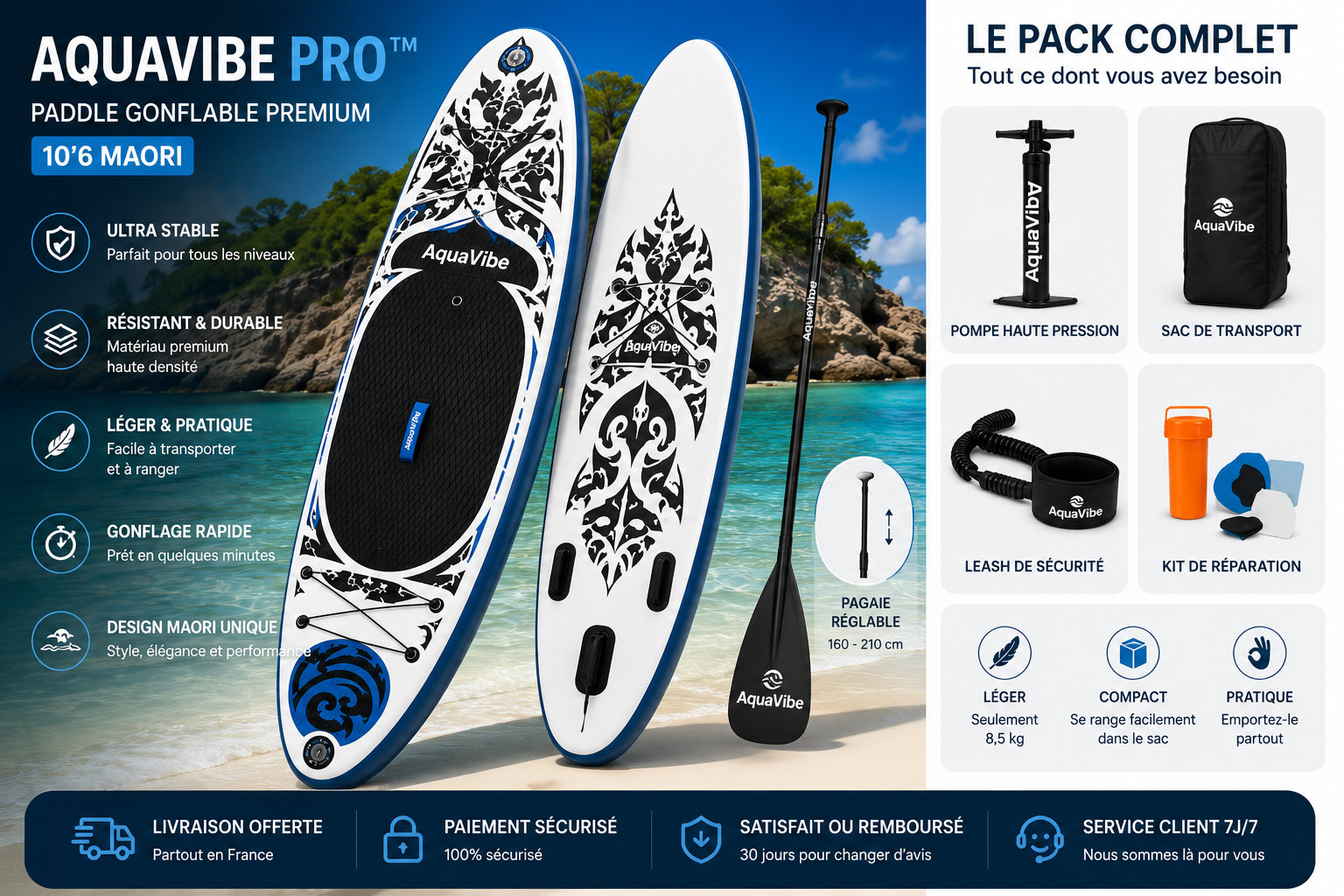AquaVibe Pro™ | Paddle Gonflable Premium 10’6 Maori